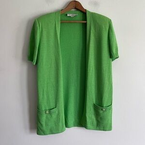 St. John Collection Lime Green Santana Knit Open Front Cardigan Padded Shoulder